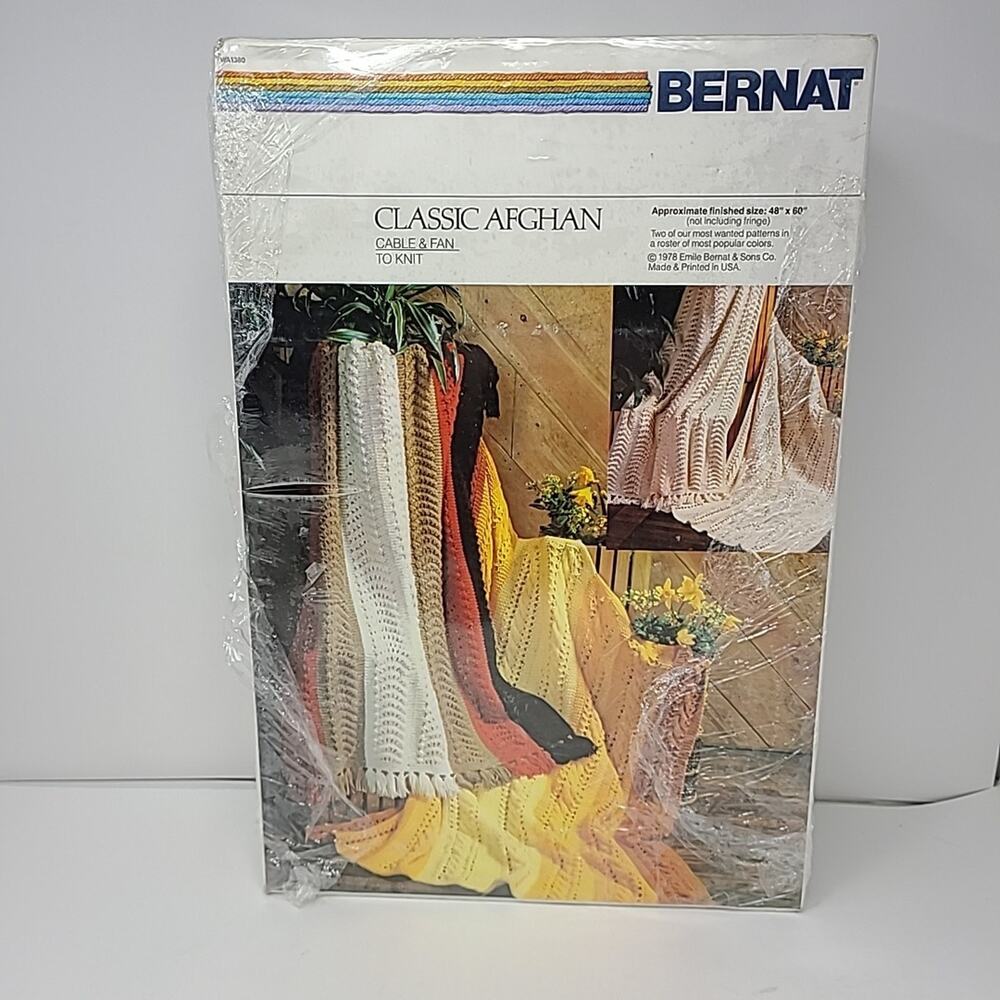 1978 Vintage Bernat Classic Afghan Cable & Fan Kit 48x60" Natural Color NOS